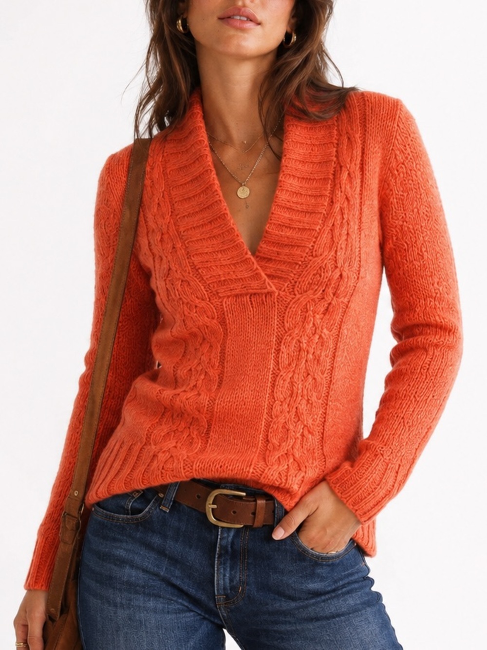BOBO Vintage Y2K Shawl Collar Sweater Orange Cable Knit Small
